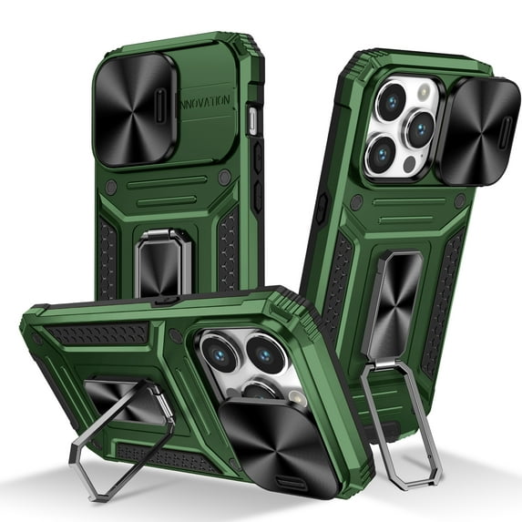 for iPhone 15 Pro Armor Case, Military-Grade Drop Protection, with Slide Camera Cover & Multi-angle Kickstand, Built-in 360° Rotating Magnetic Stand Rugged Case For iPhone 15 Pro, Darkgreen