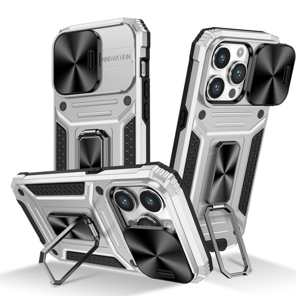 for iPhone 15 Pro Armor Case Stand, [Built in Kickstand & Slide Camera Cover] Military Grade Drop Protection Shockproof Hard PC Heavy Duty Bumper Phone Case For iPhone 15 Pro, Silver