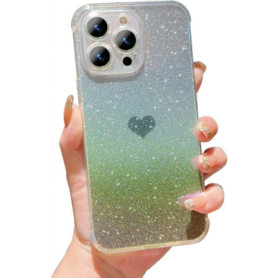 for iPhone 15 Pro Bling Glitter Case, Cute Heart Gradient Laser Holographic Iridescent Clear Case with Camera Lens Cover Protective Soft Shockproof Phone Cover for Women Girls (Black Heart)