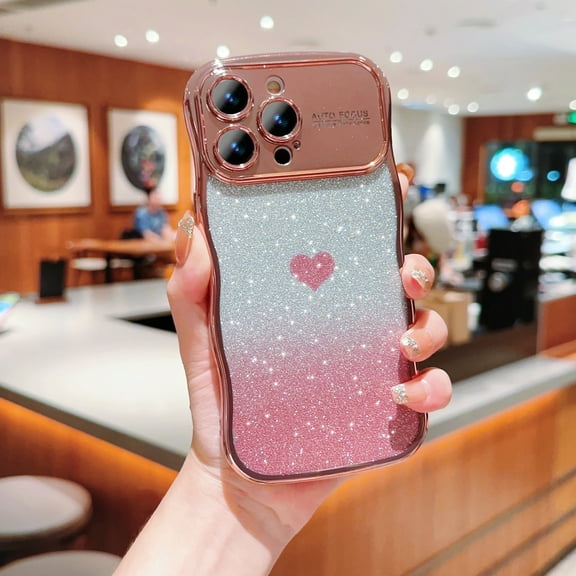 for iPhone 15 Pro Bling Glitter Case for Women Girls, Cute Wave Frame Curly Shape with Love Heart Pattern Raised Camera Protection Luxury Plating Shockproof Phone Case for iPhone 15 Pro, Rosegold