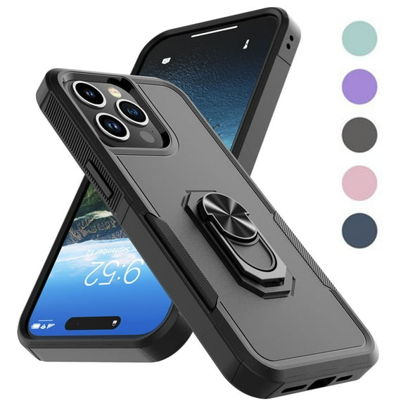 iPhone 15 Pro Case, 2 in 1 Phone Case for iPhone 15 Pro 6.1", Takfox Rubber & Rugged Shockproof Protection Heavy Duty with Ring Stand Kickstand Cover,Black
