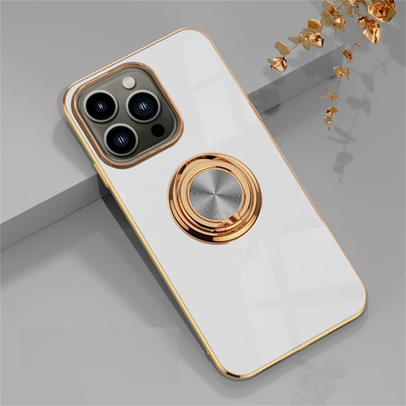 iPhone 15 Pro Case 2023, Allytech Ring Holder Stand Case Plating Edge 360 Rotation Kickstand Slim Soft Flexible TPU Protective Cover for iPhone 15 Pro 6.1" 2023, White