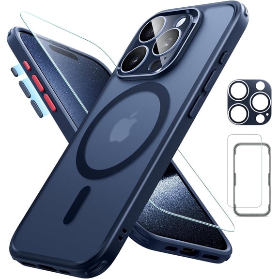for iPhone 15 Pro Case (5 in 1) Set, Translucent Matte Case with Screen Protector and Camera Lens Protectors, Compatible with MagSafe, -Grade Protection, Classic Series, Frosted Blue