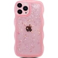 thumbnail image 1 of for iPhone 15 Pro Case 6.1", Curly Wave Design Transparent Bling Glitter Star Shiny Case Cute Clear Transparent Shockproof Protection Soft Phone Cover Case for Women Girls, Pink, 1 of 11