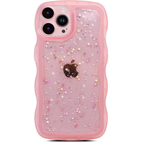 for iPhone 15 Pro Case 6.1", Curly Wave Design Transparent Bling Glitter Star Shiny Case Cute Clear Transparent Shockproof Protection Soft Phone Cover Case for Women Girls, Pink