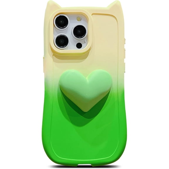 for iPhone 15 Pro Case 6.1" for Women Cute 3D Love Heart Kawaii Cat Ear Gradient Color Soft Silicone Shockproof Protective Arc Edge Bumper Aesthetic Phone Cover (Yellow Green)
