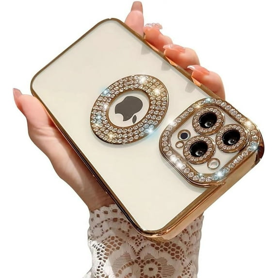for iPhone 15 Pro Case with Bling Glitter Rhinestones Diamond,Clear Cute Sparkly Aesthetic Gold Phone Case,Luxury Plating Electroplate Case for iPhone 15 Pro