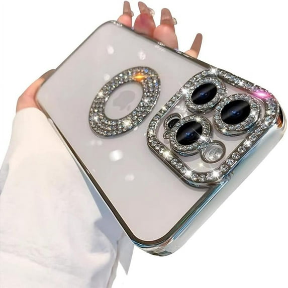 for iPhone 15 Pro Case with Bling Glitter Rhinestones Diamond,Clear Cute Sparkly Aesthetic Silver Phone Case,Luxury Plating Electroplate Case for iPhone 15 Pro