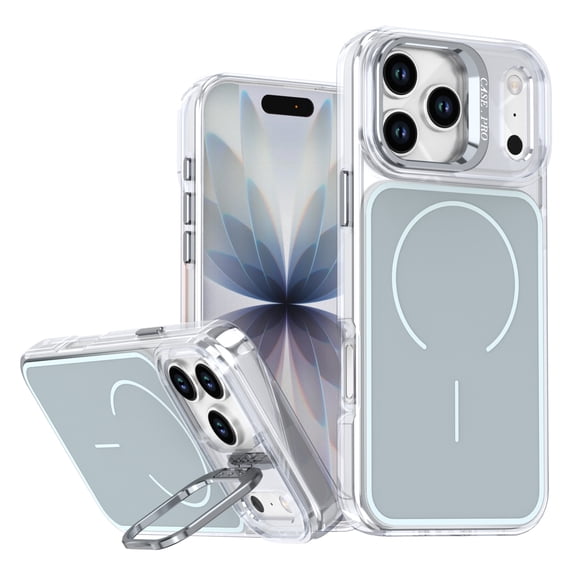 for iPhone 15 Pro Case with Built-in Camera Stash Stand, Compatible with MagSafe, Slim Fit & Lightweight Magnetic Hard Back Soft Edge Anti-Yellow Sturdy Flexible Shockproof Cover, Gray