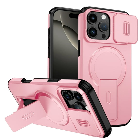 for iPhone 15 Pro Case with Camera Sliding Cover & Adjustable Kickstand, Magnetic Wireless Charging Rugged Shockproof Bumper Cases Heavy-Duty Magnetic Protective Phone Cover, Pink
