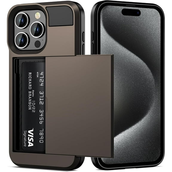 for iPhone 15 Pro Case with Card Holder, Dual Layer Shockproof Wallet Phone Case, Hidden Card Slot Sliding Protective Hard Shell Back Cover Slim Case for iPhone 15 Pro, 6.1'' Gun Metal