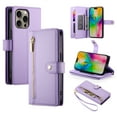 thumbnail image 1 of for iPhone 15 Pro Case with Card Holder, Retro Premium PU Leather Shoulder Wrist Strap Zipper Kickstand Flip Cover Women Girl Wallet Phone Case for iPhone 15 Pro, Purple, 1 of 10