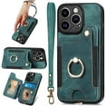 thumbnail image 1 of for iPhone 15 Pro Case Card Holder,Ring Stand 15 Pro Cases 2023,RFID-Blocking Wallet,Camera Lens Protector,Wrist Strap,Leather  Protective Flip Cover for Women Men (Green), 1 of 14