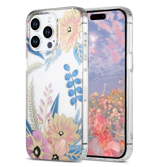 for iPhone 15 Pro Case Clear Flower Floral Women Girl Cute Phone Case Aesthetic Soft Slim Black Shockproof Protective Cover for iPhone 15 Pro Crystal Colorful Floral,Purple Leaf