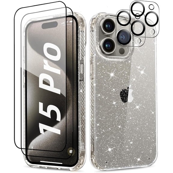 for iPhone 15 Pro Case Clear Glitter, with 2Pcs Screen Protector + 2Pcs Camera Protector, [Non-Yellowing] Shockproof Protective Cute Phone Cover for Women 6.1" (Sparkle Clear)
