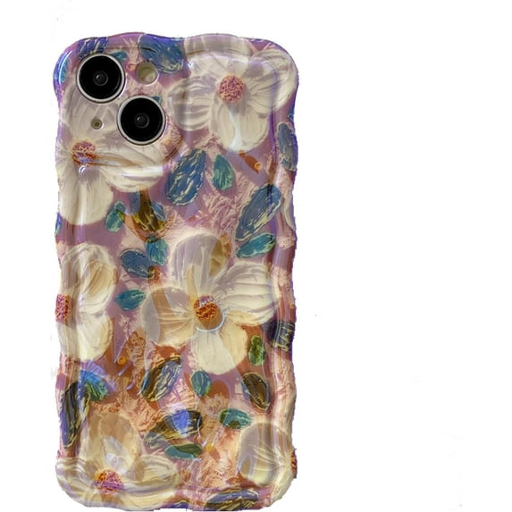 for iPhone 15 Pro Case, Colorful Retro Oil Painting Printed Flower Phone Case for Girls Women, TPU Cute Curly Wave Edge Durable Protective Phone Cover for iPhone 15 Pro, Pink Camellia