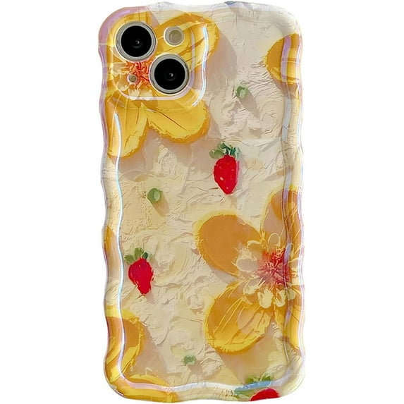 for iPhone 15 Pro Case, Colorful Retro Oil Painting Printed Flower Phone Case for Girls Women, TPU Cute Curly Wave Edge Durable Protective Phone Cover for iPhone 15 Pro, Yellow Flowers
