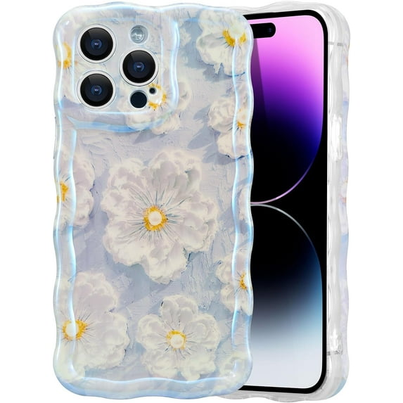 for iPhone 15 Pro Case, Colorful Retro Oil Painting Printed Flower Phone Case for Women Girls, TPU Cute Curly Wave Edge Exquisite Stylish Durable Protective Phone Cover,Blue & White