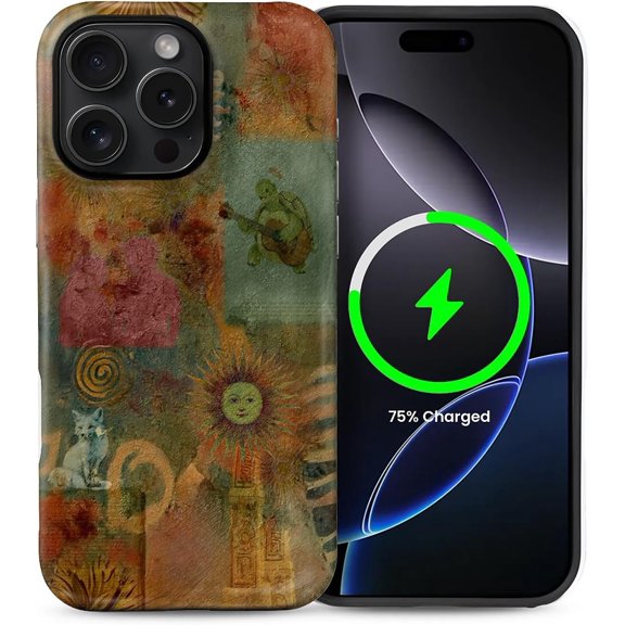 for iPhone 15 Pro Case, Compatible with MagSafe, Dual-Layer Hard Shell, Silicone Cover, Full Body Protection Shockproof Case for iPhone 15 Pro-Retro 80s Sun Turtle Fox Collage