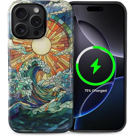 for iPhone 15 Pro Case,Compatible with MagSafe,Dual-Layer Hard Shell + Silicone Cover,Full Body Protection Shockproof Case for iPhone 15 Pro-Sun Ocean Waves Art