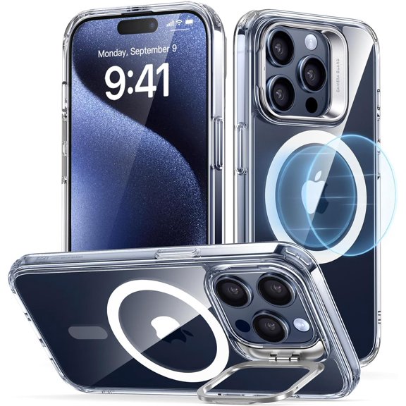 for iPhone 15 Pro Case, Compatible with MagSafe, Military-Grade Protective Clear Case for iPhone 15 Pro,Built-in Stash Stand Phone Case, Scratch-Resistant Back Cover, Classic Series,Clear
