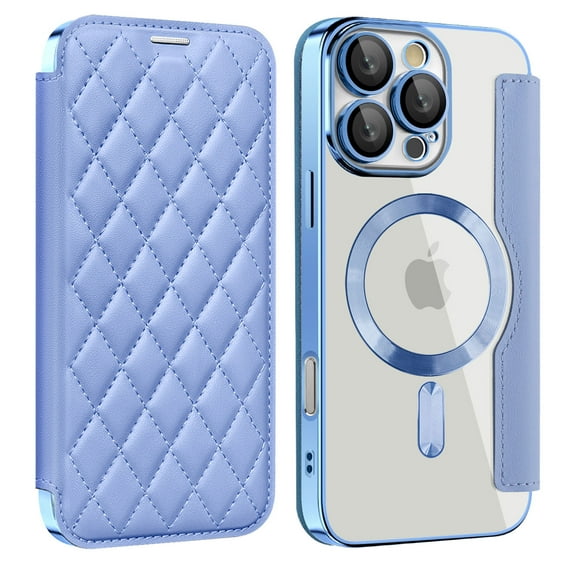 for iPhone 15 Pro Case Compatible with Magsafe, Slim Fit Flip Protective PU Leather Wallet Case with RFID Blocking Card Slot Build-in Len Protector for iPhone 15 Pro, Blue