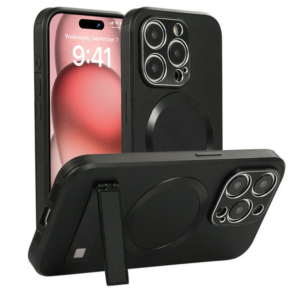 for iPhone 15 Pro Case, [Compatible with Magsafe ] Wireless Charging PU Leather Stand Kickstand Rugged Protection for iPhone 15 Pro Phone Case, Support Magnetic Car Mount, Black