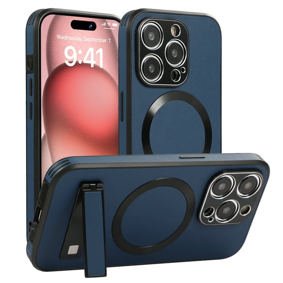 for iPhone 15 Pro Case, [Compatible with Magsafe ] Wireless Charging PU Leather Stand Kickstand Rugged Protection for iPhone 15 Pro Phone Case, Support Magnetic Car Mount, Blue