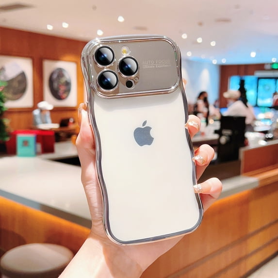 for iPhone 15 Pro Case Curly Wave Design Edge Plating Shiny Case Cute Clear Transparent Camera Lens Full Protection Soft TPU Shockproof Phone Cover for iPhone 15 Pro Women Girls, Silver