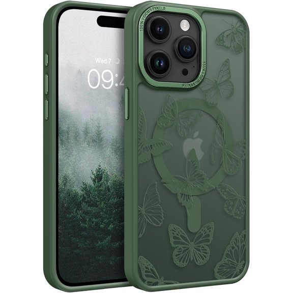 for iPhone 15 Pro Case,Cute Butterfly Pattern iPhone 15 Pro Magnetic Case [Compatible with MagSafe] Translucent Matte Slim Women Girl Protective Case for iPhone 15 Pro 6.1", Green