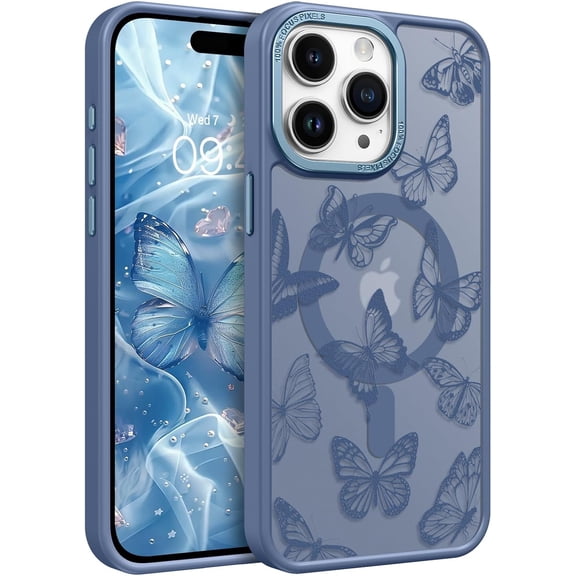 for iPhone 15 Pro Case,Cute Butterfly Pattern iPhone 15 Pro Magnetic Case [Compatible with MagSafe] Translucent Matte Slim Women Girl Protective Case for iPhone 15 Pro 6.1", Blue