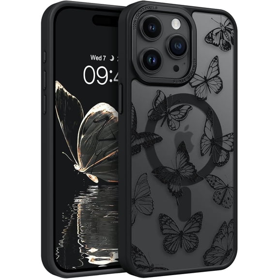 for iPhone 15 Pro Case,Cute Butterfly Pattern iPhone 15 Pro Magnetic Case [Compatible with MagSafe] Translucent Matte Slim Women Girl Protective Case for iPhone 15 Pro 6.1", Black