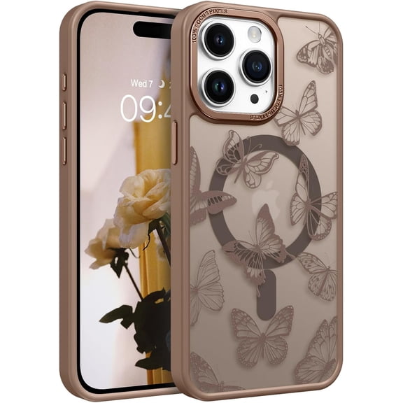 for iPhone 15 Pro Case,Cute Butterfly Pattern iPhone 15 Pro Magnetic Case [Compatible with MagSafe] Translucent Matte Slim Women Girl Protective Case for iPhone 15 Pro 6.1", Desert Titanium