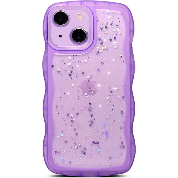 for iPhone 15 Pro Case, Cute Curly Wave Frame Shape Design Soft TPU Bling Glitter Star Shiny Phone Case with iPhone 15 Pro, Shockproof Protective Cover Case for Women Girls, Purple-1
