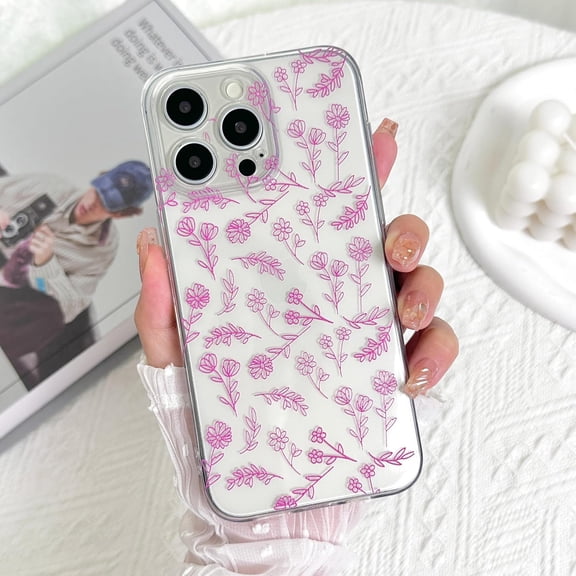 for iPhone 15 Pro Case, Cute Flower Clear Girly Floral Branch Pattern Aesthetic Women Girls Crystal Ultra Slim Soft TPU Shockproof Protective Case for iPhone 15 Pro, Pink Flower