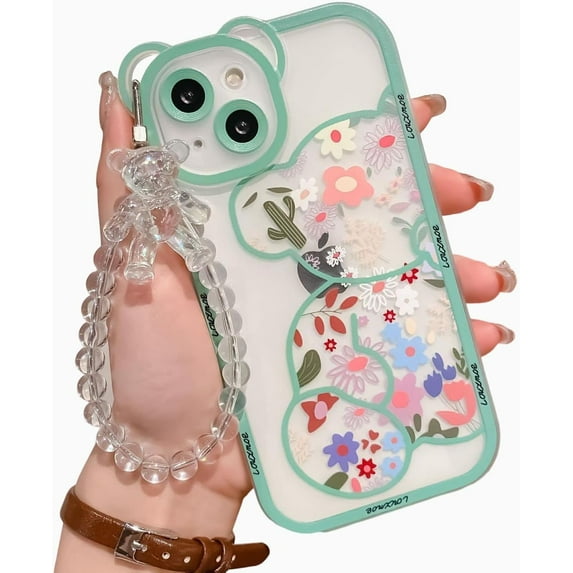 iPhone 15 Pro Case with Cute Flowers Bear Pattern, Camera Protector, Clear Case and Lovely Strap Bracelet Chain, Compatible for iPhone 15 Pro for Girls Women (Green)