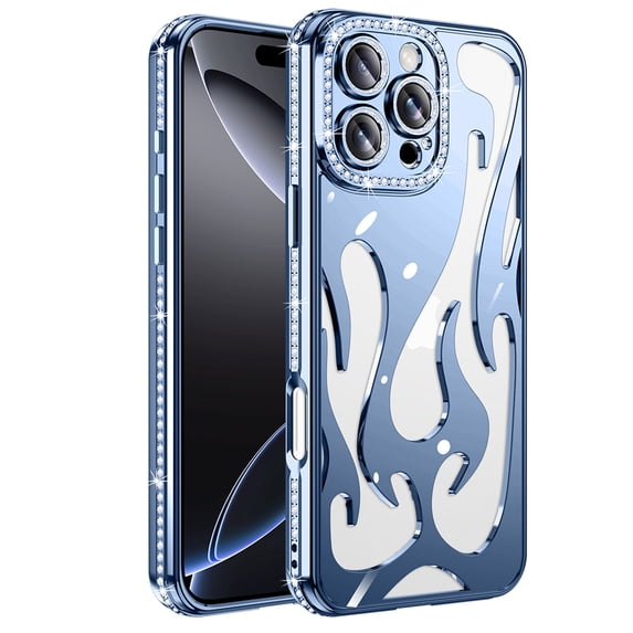 for iPhone 15 Pro Case with Diamond Frame & Hollow-out Back, Ultra Slim Lightweight PC Protective Phone Cover, Glitter Skin-Friendly Shockproof Cooling Design, Heat Dissipation, Blue