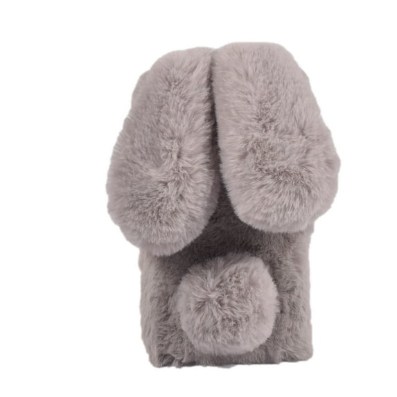 for iPhone 15 Pro Case for Girls, Luxury Women Cute Toy Warm Furry Fuzzy Soft Rabbit Ear Faux Fur Hair Plush Diamond Camera Frame Warm Winter Skin Case Cover for iPhone 15 Pro, Lightgray