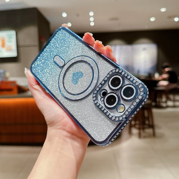 iPhone 15 Pro Case Glitter Bling for Girls Women, Gradient Color Cute Heart Sparkle Magnetic Cover Compatible with Magsafe Fashionable Slim Fit Clear Phone Case for iPhone 15 Pro, Blue