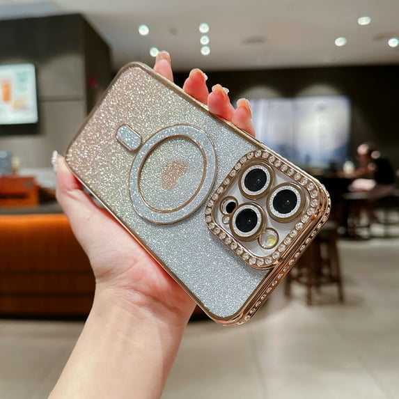 iPhone 15 Pro Case Glitter Bling for Girls Women, Gradient Color Cute Heart Sparkle Magnetic Cover Compatible with Magsafe Fashionable Slim Fit Clear Phone Case for iPhone 15 Pro, Gold