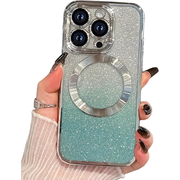 for iPhone 15 Pro Case Glitter Magnetic Compatible with MagSafe Full Camera Lens Protection Luxury Plating Cute Bling Clear Shockproof Slim Phone Case for Women Girls, Silver