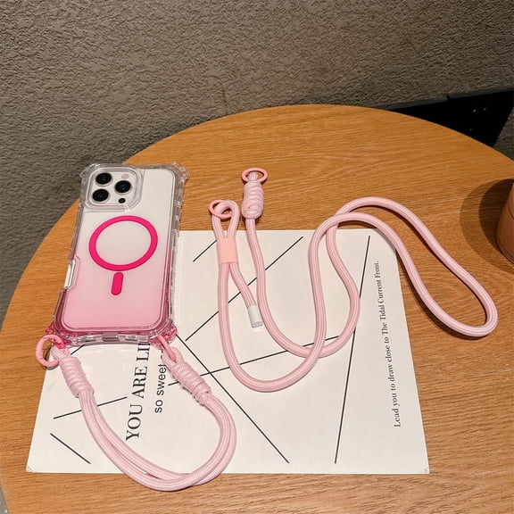 for iPhone 15 Pro Case, Gradient Color Clear PC+TPU Shock-Resistant Anti-Scratch Lightweight Non-Slip Magnetic Drop Protective Slim Thin Cover with Wrist Strap + Shoulder Strap, Pink