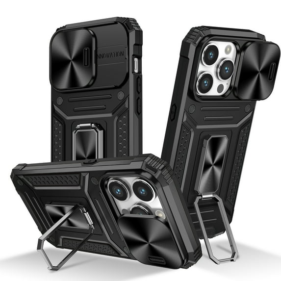 for iPhone 15 Pro Case Heavy Duty with Camera Cover, Build in Kickstand & Magnetic Car, Military Grade Armor Protection Cover,Sturdy Rugged Shockproof Case For iPhone 15 Pro, Black