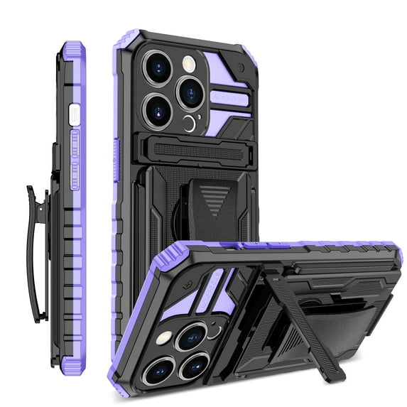 for iPhone 15 Pro Case - Heavy Duty Phone Holster with Belt Clip | with Kickstand | Shockproof, Dual Layer Protective | Drop Protection Hybrid Case for iPhone 15 Pro | Purple