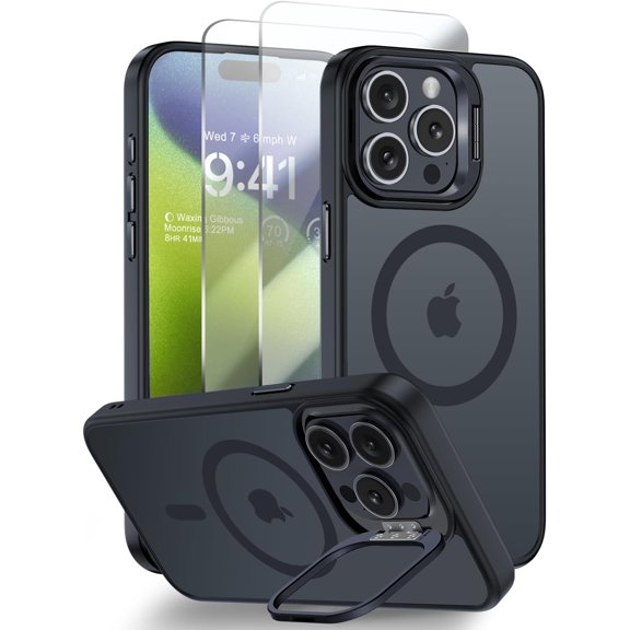 for iPhone 15 Pro Case, with Invisible Stand & Camera Guard, Matte Back Cover, Fit for Magsafe, Military Grade Shockproof, Slim Magnetic Phone Case Bulit in Kickstand 6.1", Black Titanium