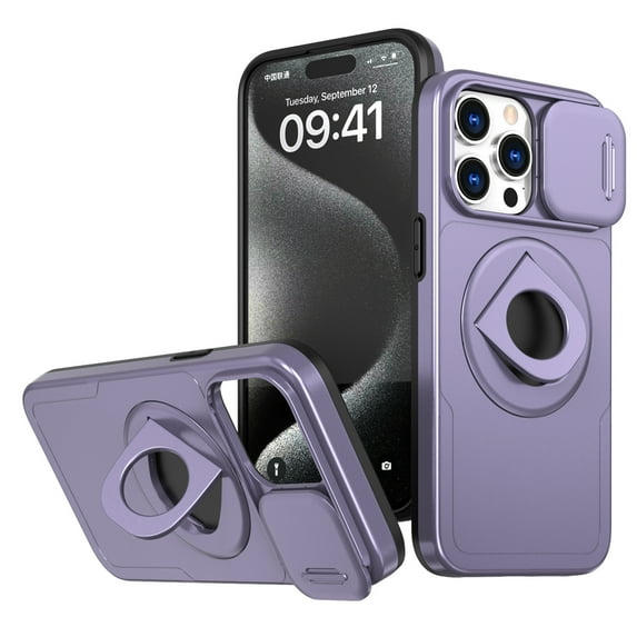 for iPhone 15 Pro Case with Kickstand Sliding Camera Cover, Military Grade Shockproof Portective Compatible with MagSafe Wireless Charger Slim Case Cover for iPhone 15 Pro, Purple