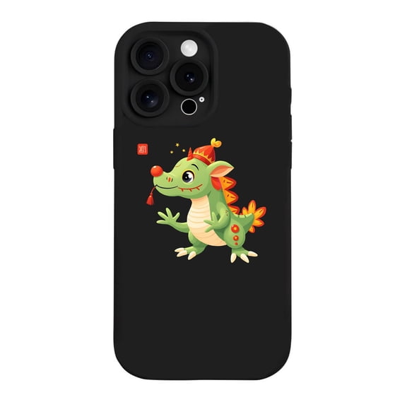 iPhone 15 Pro Case - Lightweight Yellowing Resistant with Cartoon Dragon Design Friendly Expression Party Hat & Favor Black Background