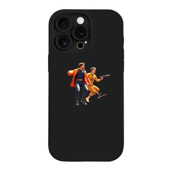 iPhone 15 Pro Case - Lightweight & Yellowing Resistant with Cartoon Running Characters in Orange & Yellow - Stylish Black Background Design