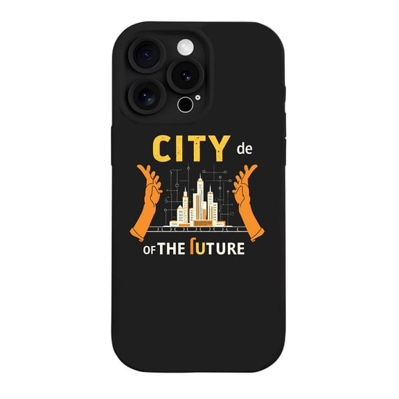 iPhone 15 Pro Case - Lightweight Yellowing Resistant with Unique Orange Hands & Cityscape Design Bold " CITY de " & " OF THE FUTURE " Text