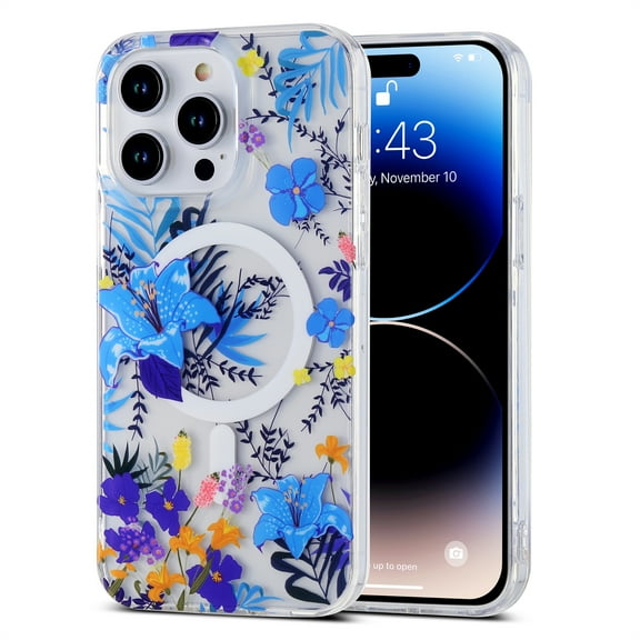 for iPhone 15 Pro Case with Magnetic Function, Clear Floral Case with Flower Branch Pattern for Girls Women Slim Fit Cute Hard Back Shockproof Phone Case for iPhone 15 Pro, Blue Flower